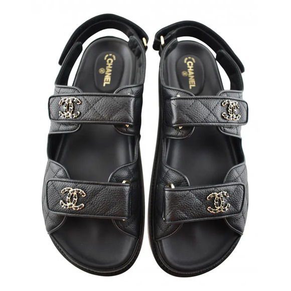 Chanel REV Black Caviar Gold CC Logo Mule Slide Strap Flat Teva Dad Sandal 38 - Picture 1 of 12